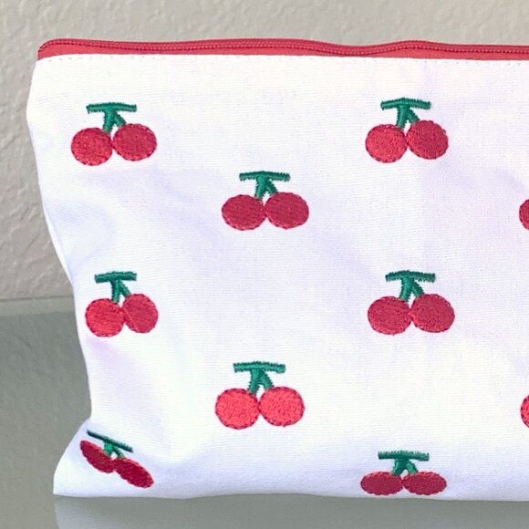 White Cotton Embroidered Red Cherry Cherries Zippered Pouch Cosmetic Travel Bag - Picture 1 of 7